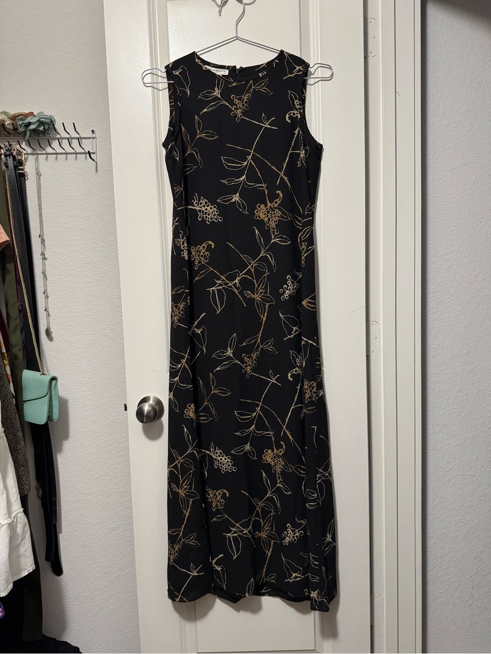 Vintage Rena Rowan Black Maxi Dress with Gold Botanical Line Print